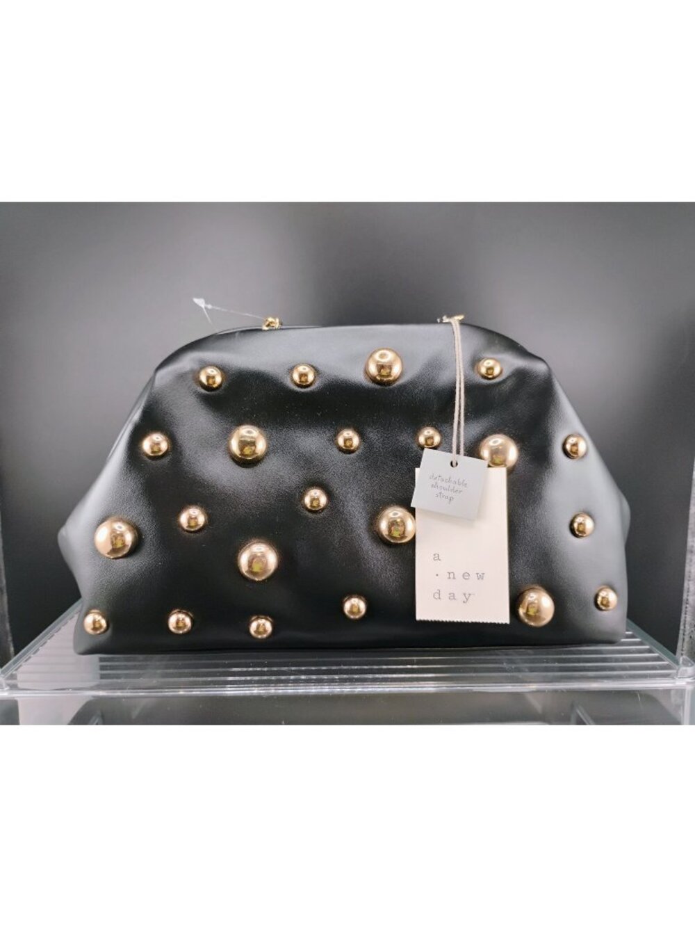 A New Day Black Studded Clutch With Detachable Shoulder Strap